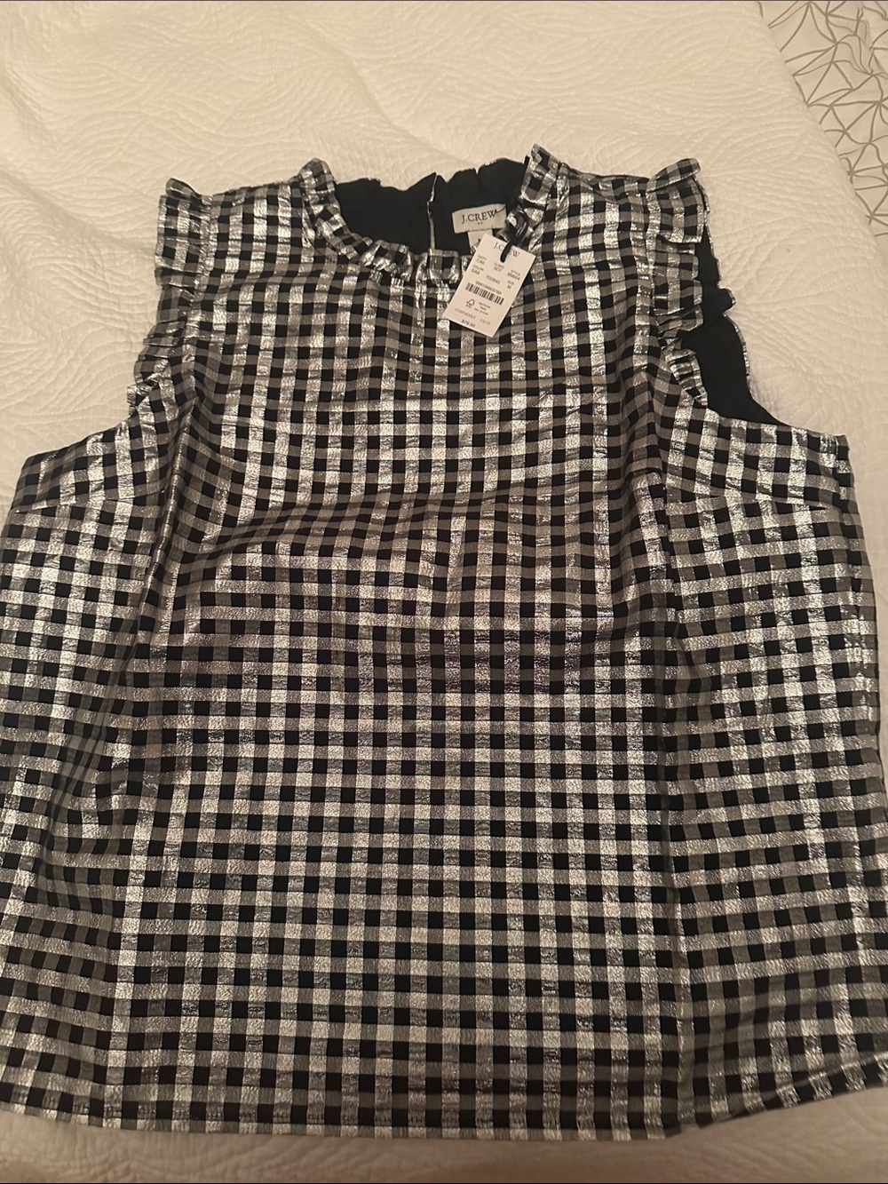 J. Crew Black and Silver Gingham Ruffle Sleeve top M   NWT